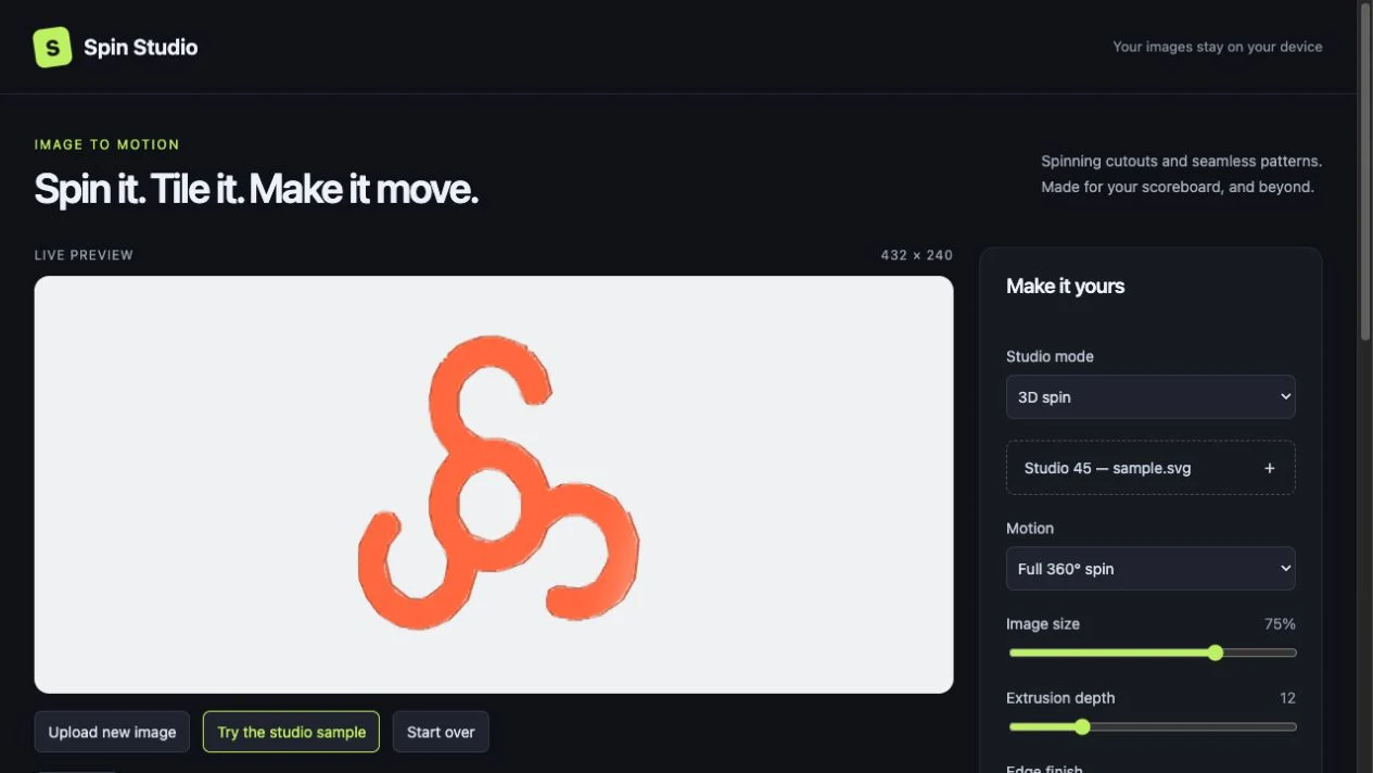 Spin Studio editor with a sample graphic