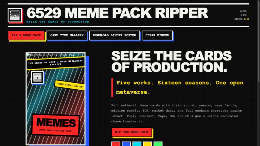 6529 Meme Cards Pack Ripper interface